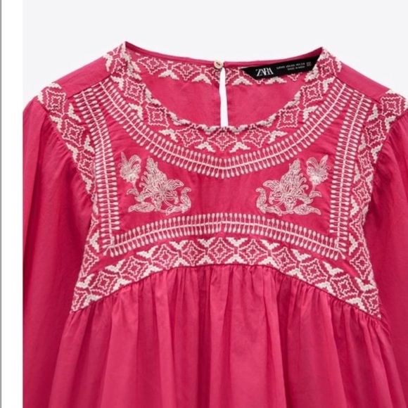 Zara Fuchsia Pink Blouse Top With White Embroidery Pink Size XS NEW - Picture 3 of 7